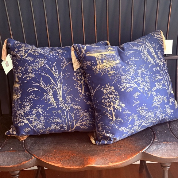 Set of Two (2) Handmade 16" Polished Cotton Throw Pillows with Gold Tassels - Picture 9 of 9